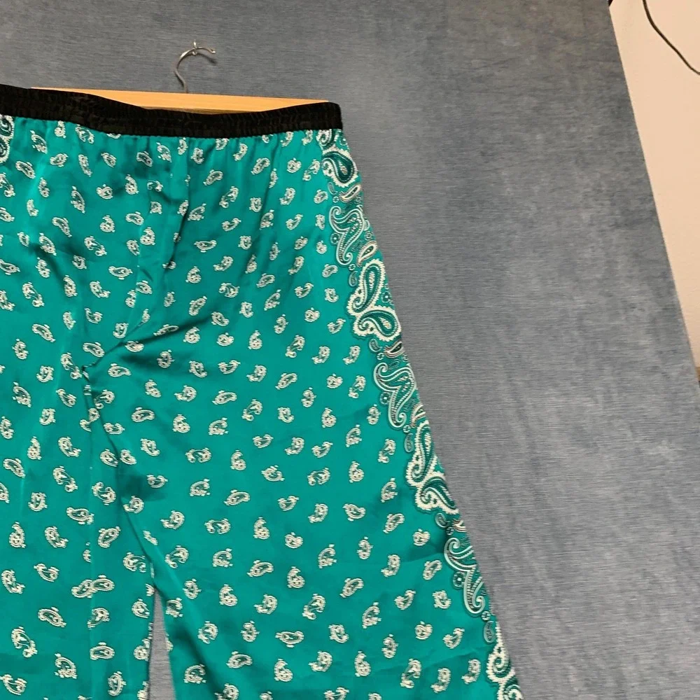 Michael Kors Wide Leg Pants Womens 14 Teal Paisley Drawstring Elastic Waist